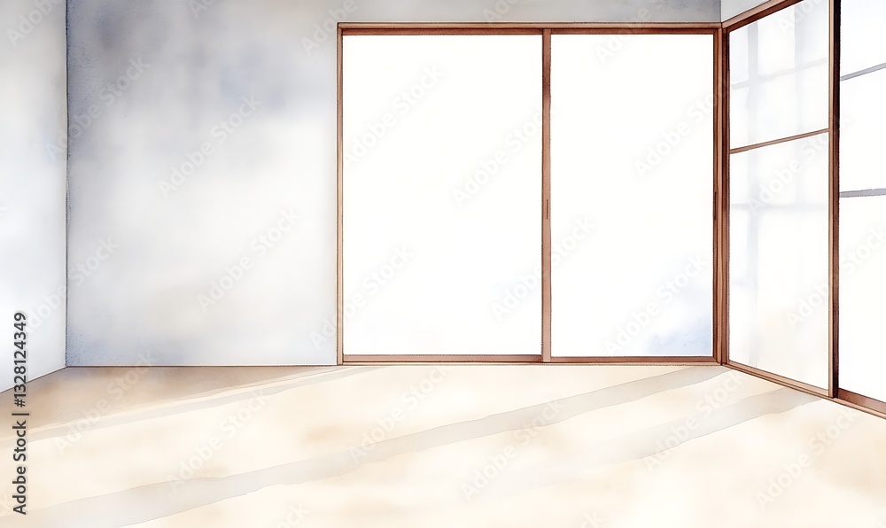 Poster Empty room with large windows allowing natural light and a minimalist design, creating a serene atmosphere.