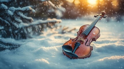 Fototapeta premium A violin in a snowy setting, symbolizing music's warmth in winter.