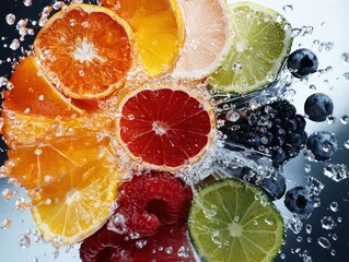 Dynamic fruit splash art abstract top-down view conceptual photography soft lighting creative environment