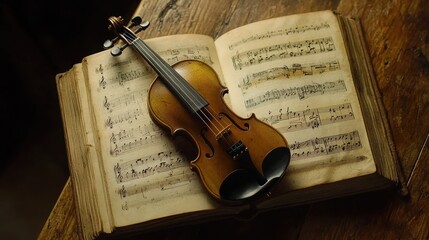 Naklejka premium A violin lying on an open music book, with notes and compositions reflecting classical elegance and artistry.