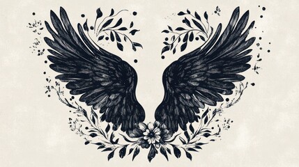 Obraz premium Dark wings, floral frame, textured background; tattoo design