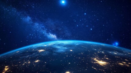 Obraz premium Earth at Night Viewed from Space: Dark Blue Planet with City Lights and Starry Galaxy