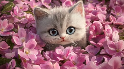 A small adorable kitten peeking out from among pink flowers