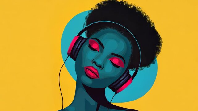 Vibrant Afrofuturist Female Portrait with Headphones in Bold Colors on Yellow Background for Creative Music and Technology Design