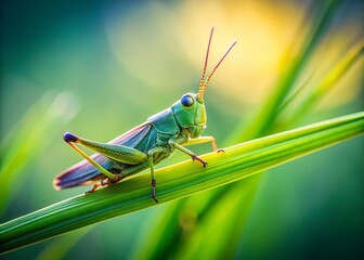Minimalist Green Grasshopper on Grass Blade Stock Photo
