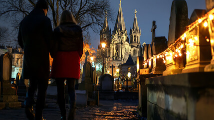 A couple walking in front of a church with a cemetery in the background. AI Generated