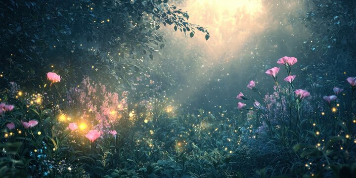 A dreamy scene with glowing flowers and soft, misty lighting in a mystical garden