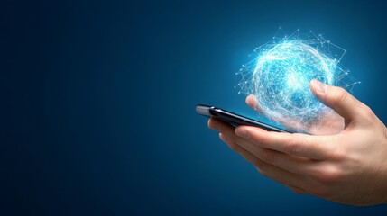 Hand Holding Smartphone with Digital Sphere in Dark Background