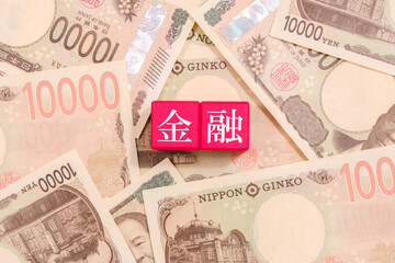 一万円札とブロックの上に書かれた金融　経済