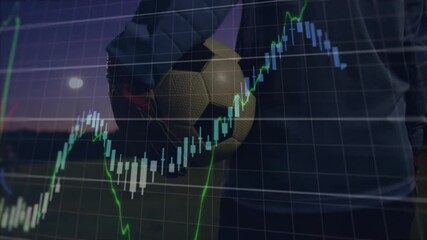 Animation of financial growth trends overlaying stock market graph with soccer ball - Powered by Adobe