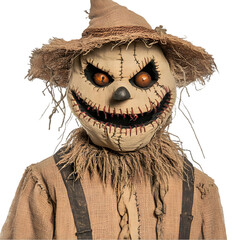 A creepy scarecrow figure with a sinister smile, stitched details, and glowing orange eyes, perfect for Halloween decor.