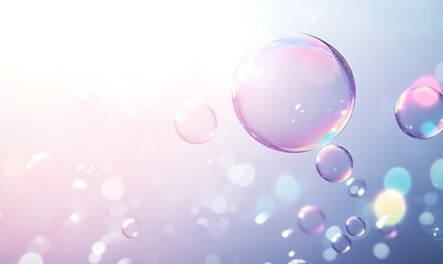 Soft pastel bubbles float in a dreamy background of light and reflections.