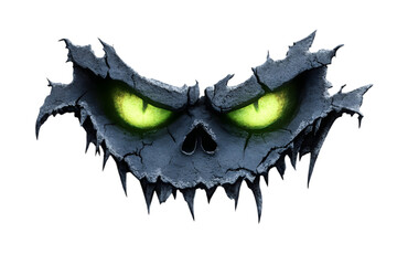 A sinister skull with cracked, dark features and glowing green eyes, exuding a menacing and eerie...