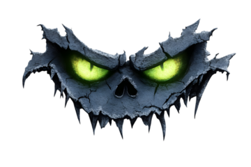 A sinister skull with cracked, dark features and glowing green eyes, exuding a menacing and eerie vibe reminiscent of Halloween.