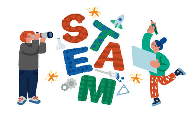 STEAM教育の文字と学生の未来教育をイメージするイラスト
