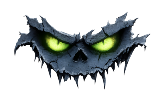 A sinister skull with cracked, dark features and glowing green eyes, exuding a menacing and eerie vibe reminiscent of Halloween.