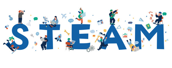 STEAM教育の文字と学生の未来教育をイメージするイラスト  © matsu