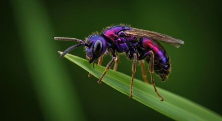 Naklejka premium Vibrant Jewel Wasp on a Blade of Grass: A Macro Photography Masterpiece