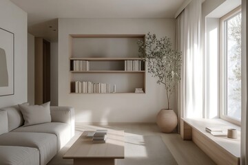 Fototapeta premium Minimalist living room with beige sofa, wooden shelves, and olive tree.