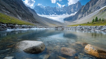 Fototapeta premium Alpine lake reflecting mountains, glacier, clear water