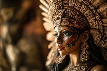 Enigmatic Beauty: An Aztec - Inspired Wood - Carved Woman Sculpture