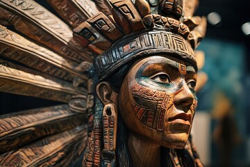 Enigmatic Beauty: An Aztec - Inspired Wood - Carved Woman Sculpture