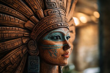 Enigmatic Beauty: An Aztec - Inspired Wood - Carved Woman Sculpture
