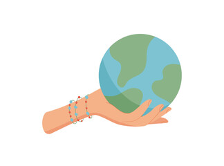 Hand holding earth globe. Human character with a globe in palm. Concept of saving the planet, cartoon graphic style, ideal for environmental awareness and educational materials.