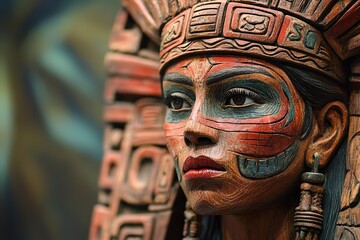 Enigmatic Beauty: An Aztec - Inspired Wood - Carved Woman Sculpture