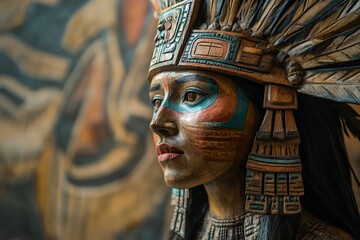 Enigmatic Beauty: An Aztec - Inspired Wood - Carved Woman Sculpture