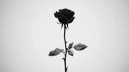 Single black rose, elegant stem, grey background, floral design