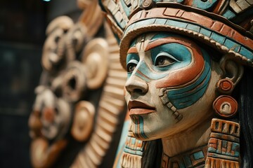 Enigmatic Beauty: An Aztec - Inspired Wood - Carved Woman Sculpture