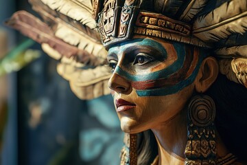 Enigmatic Beauty: An Aztec - Inspired Wood - Carved Woman Sculpture
