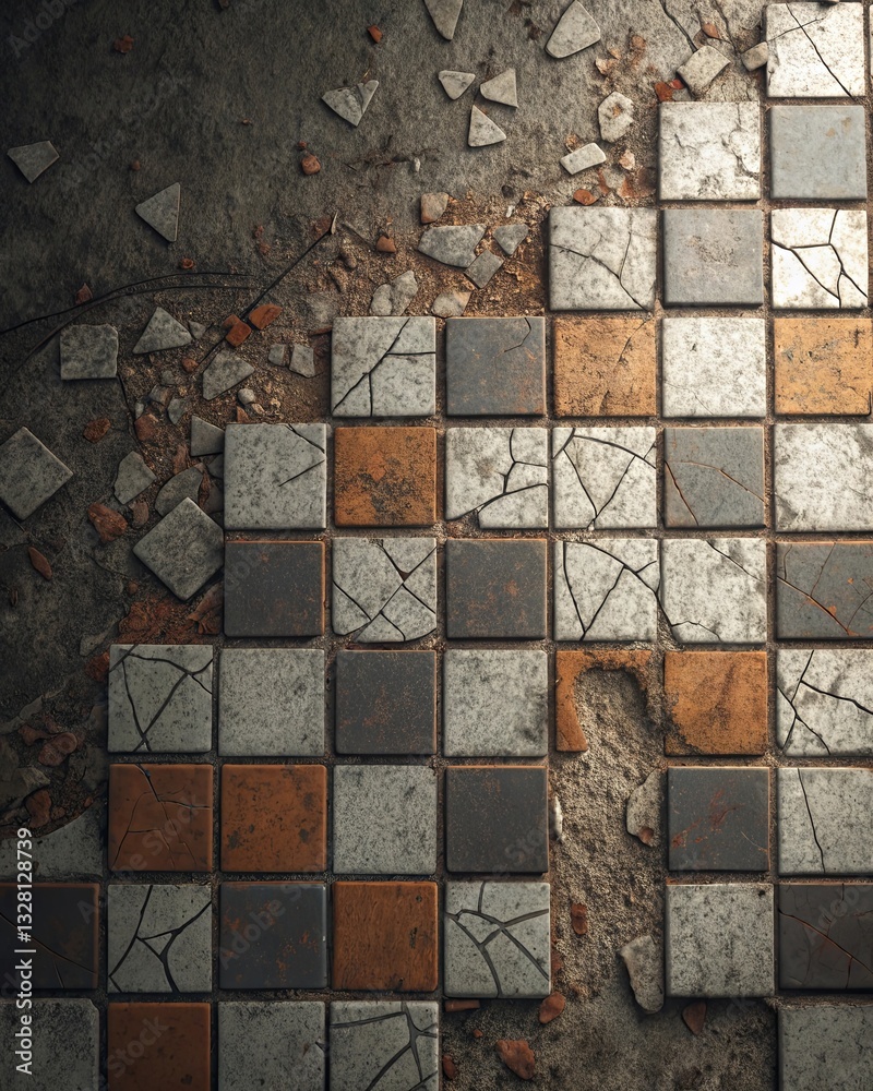 Poster A broken tile floor with a large crack in the middle