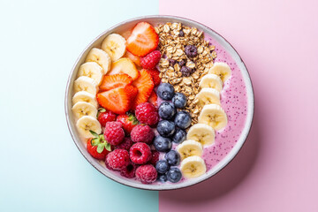 An advertisement image that breaks down the ingredients of a vibrant smoothie bowl.