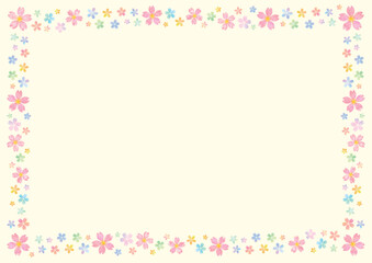 水彩風のカラフルな桜で四方を飾ったうすい黄色の背景