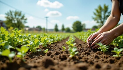World environment and Earth day concept. A person tending to young plants in a sunny field, showcasing agriculture and growth.