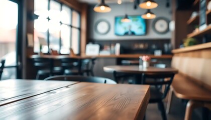 Blurred view of cozy cafe interior, showcasing empty tables and warm lighting