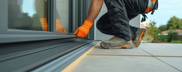 Professional Installer Fixing Sliding Door Installation, Grey Frame, Modern Home Exterior