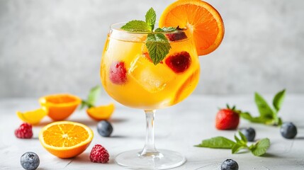 glass of orange and white wine with fruit slices, mint leaves, blueberries, strawberries, and orange slices on the side, commercial use, blurred light grey background. 