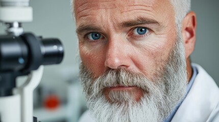 A focused elderly man with a beard and blue eyes examines something through a microscope in a lab setting, conveying expertise and concentration.