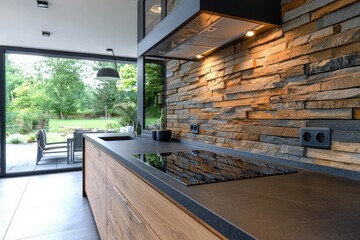 Stunning natural stone backsplash enhances kitchen design outdoor view interior photography contemporary style close-up angle texture showcase