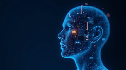 A blue head with a glowing eye and a computer chip in the ear