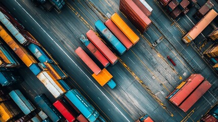 Obraz premium Aerial View of Colorful Shipping Containers in Port Logistics Area