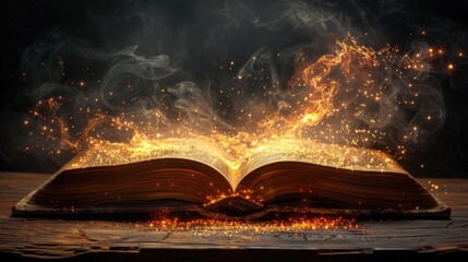 Open Ancient Book, Magic Fire, Smoky Background,  Tabletop