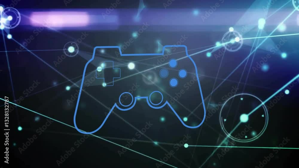 Poster animation of game controller with digital network connections and glowing nodes