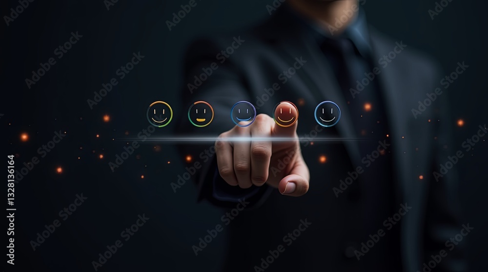 Poster A man is pointing at a series of smiley faces on a screen