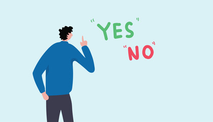 Illustration of a businessman contemplating between 'YES' and 'NO' options, symbolizing business decision-making, leadership, and rational thinking, business success, and leadership decisions.