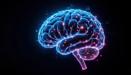A glowing, digital representation of a human brain, showcasing neural connections and vibrant colors against a dark background.