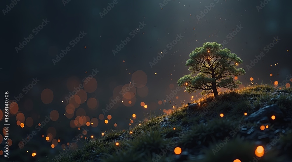 Poster a small tree is lit up by the light of a fire